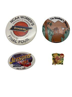 Vintage 1990 Pinback Lot NCAA UT Final Four Smokey Bear Jetsons Coca Cola Pin